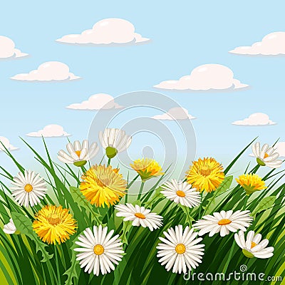 Fresh spring, daisies and dandelions, grass Vector Illustration