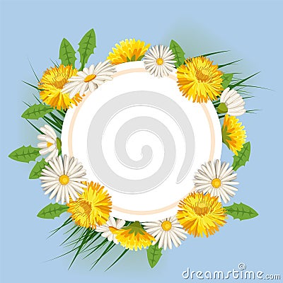 Fresh spring, daisies and dandelions, grass Cartoon Illustration