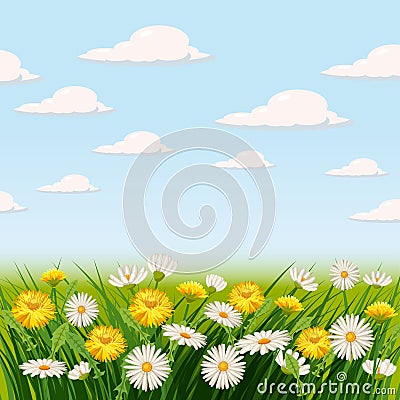 Fresh spring, daisies and dandelions, grass Vector Illustration