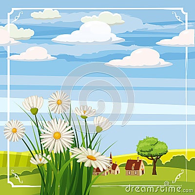 Fresh spring, daisies and farm Vector Illustration