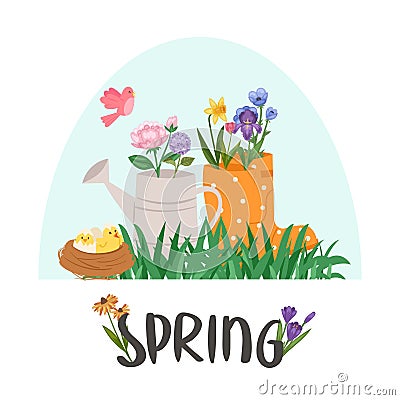 Fresh spring easter concept with chicks, grass, dandelions and daisies in gum boot and watering can cartoon vector Vector Illustration