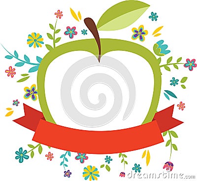 Fresh spring flowers around an green apple Vector Illustration