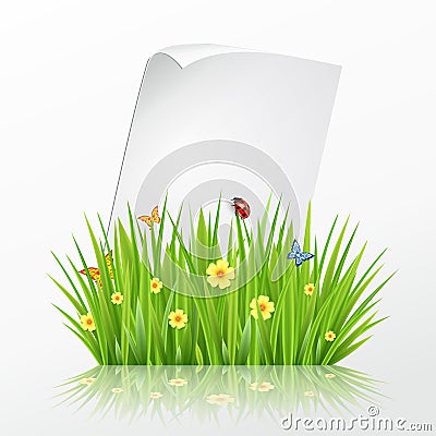 Fresh spring green grass frame template with curling blank sheet paper Vector Illustration