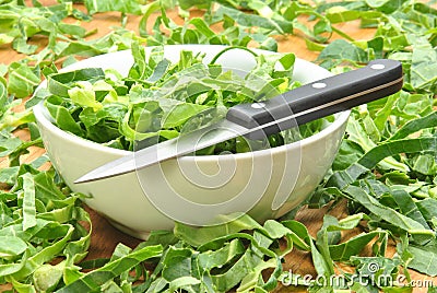 fresh spring green kale and a knife Stock Photo