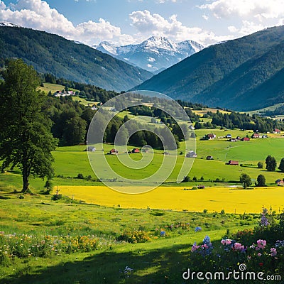 Fresh spring landscape with green meadows and agricultural farmlands on the hills, high snowy mountains in background, Stock Photo