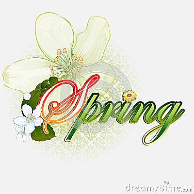 Fresh spring scene background with Spring text garnished by beautiful white flowers Vector Illustration