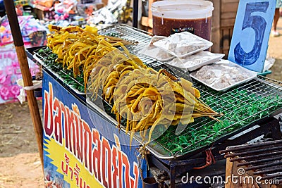 Fresh squid for grill in a market, khonkaen thailand Editorial Stock Photo