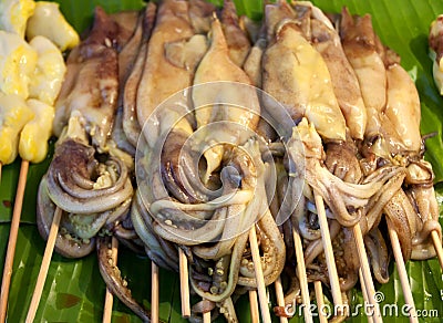 Fresh Squid, Thailand Food - Barbecue from squids sold on the wa Stock Photo