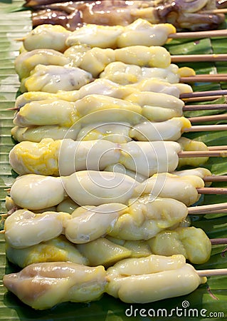 Fresh Squid, Thailand Food - Barbecue from squids sold on the wa Stock Photo