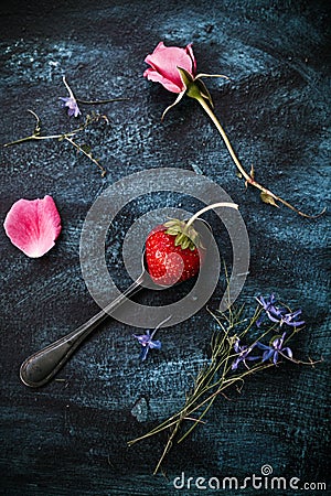 Fresh strawberrie in spoon and some flowers around on dark blue and black background Stock Photo
