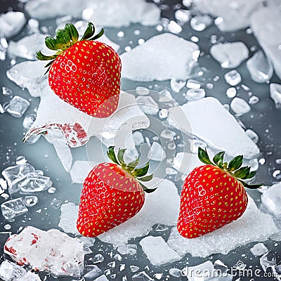 Fresh strawberries on ice and water Stock Photo