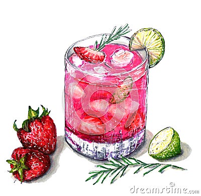 Fresh strawberry lemonade with ice and lime Cartoon Illustration