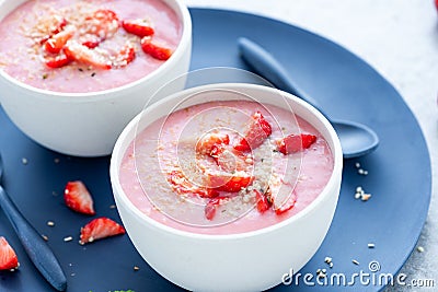 Fresh Strawberry and Rice Bowl. Summer Healthy and Simple Breakfast Stock Photo