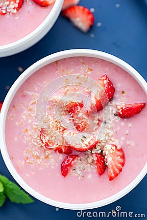 Fresh Strawberry and Rice Bowl. Summer Healthy and Simple Breakfast Stock Photo