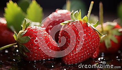 Fresh strawberry, ripe and juicy, on a green leaf generated by AI Stock Photo