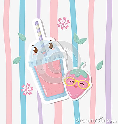 Fresh strawberry sorbet with straw kawaii character Vector Illustration