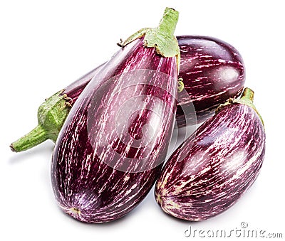 Fresh striped aubergines or eggplants with leaf and slices isolated on white background Stock Photo