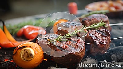 Fresh Vegetable and Steak Kebab on the Flame Grill - Generative AI Stock Photo