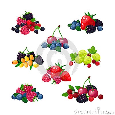 Fresh summer berries. Piles of raspberry currant strawberry gooseberry blackberry cranberry blueberry cartoon vector set Vector Illustration