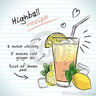Highball cocktail, vector sketch hand drawn illustration, fresh summer alcoholic drink with recipe and fruits Vector Illustration