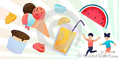Fresh Summer Fruit, Sweets and Happy Children Set Vector Illustration