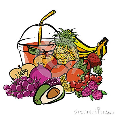 Fresh Summer Fruits and Smoothie to Go Vector Illustration