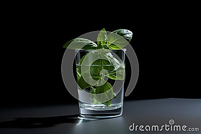 Fresh summer green basil cocktail in a glass on dark background. Diet drink. Stock Photo