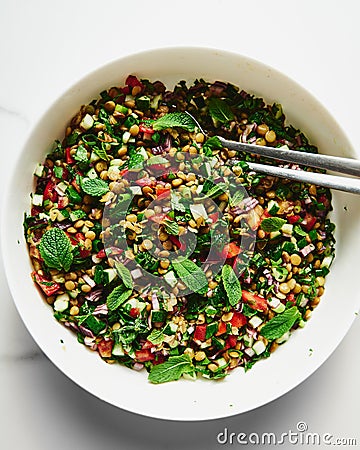 Fresh Summer Lentil Tabbouleh Salad A Wholesome Medley of Lentils, Herbs, and Seasonal Delights Stock Photo