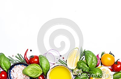 Fresh summer spicy herbs and spices for mediterranean diet. Banner. Tomato, green basil, olive oil, garlic and other. Vegan Stock Photo