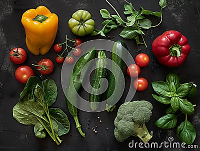 Fresh summer vegetables flatlay on green background. Tomatoes, pepper, parsley, broccoli, basil, squash, zucchini Stock Photo