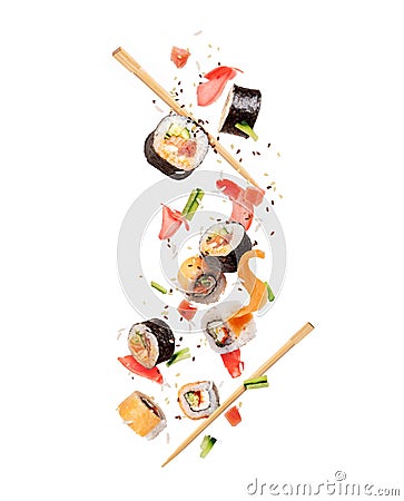 Fresh sushi rolls with various ingredients are falling down Stock Photo