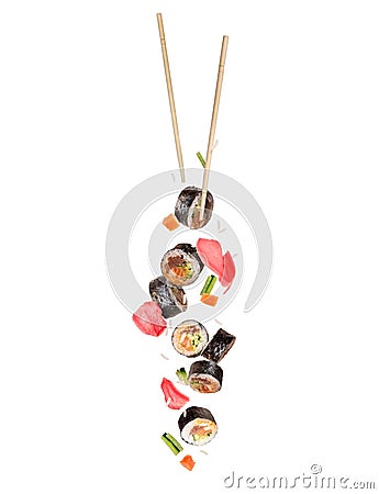 Fresh sushi rolls with various ingredients falling down on a white background Stock Photo