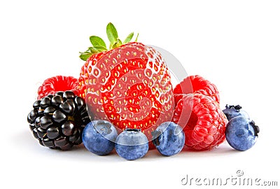 Fresh Sweet Berries on the White Background. Ripe Juicy Strawberry, Raspberry, Blueberry, Blackberry Stock Photo