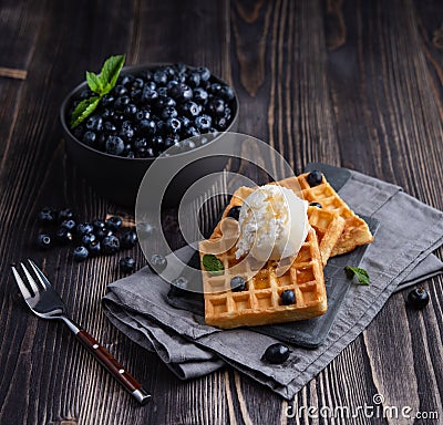 Fresh sweet blueberry with aromatic belgian waffels vanilla ice cream and honey dark wood table Stock Photo