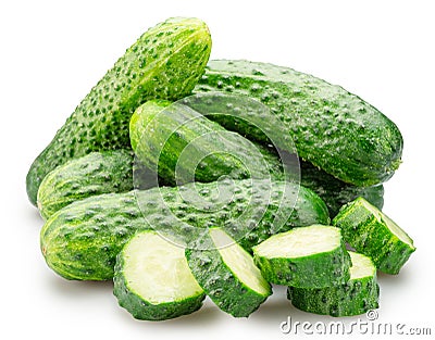 Fresh sweet small cucumbers and cucumber slices isolated on white background. Cucumbers that are used to pickling or slicing Stock Photo