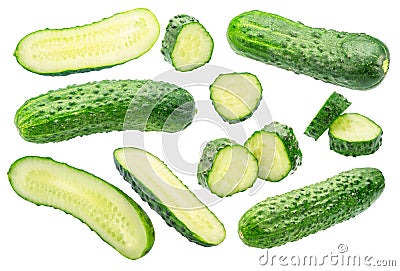 Fresh sweet small cucumbers and cucumber slices levitating in air. Cucumbers that are used to pickling or slicing. File contains Stock Photo