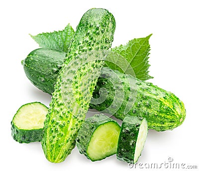 Fresh sweet small cucumbers and slices of cucumber isolated on white background. Cucumbers that are used to pickling or slicing Stock Photo