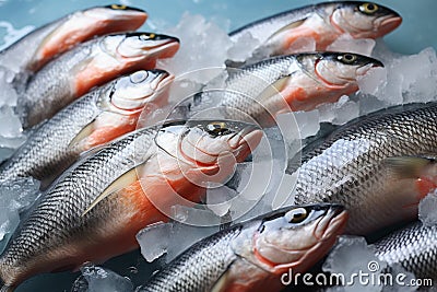 Fresh and sweet water salmon covered with ice in a market Stock Photo