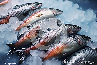 Fresh and sweet water salmon covered with ice in a market Stock Photo