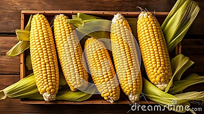 Fresh sweetcorn cobs in a wooden box. Top view. Stock Photo