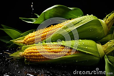 fresh sweetcorn with water drops on black background generative AI Stock Photo