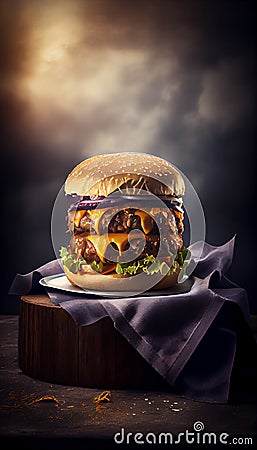 Fresh tall beef homemade burger, wooden board, American fast food. Generative AI Stock Photo