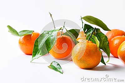 Fresh tangerines on stems with green leaves on white table wall background. harvest vitamins superfood concept. Christmas New Year Stock Photo
