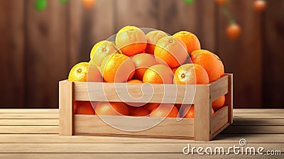 Fresh tangerines in wooden box on wooden table. 3d render Generative AI Cartoon Illustration