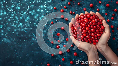 Fresh tart cranberries held against blurred background with copy space, cranberry selection Stock Photo