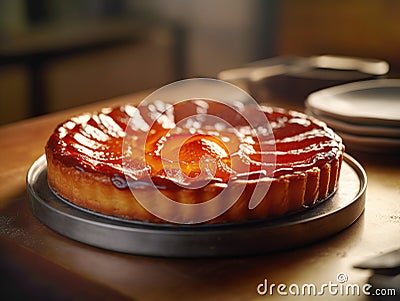 Fresh tarte tatin, upside down apple tart on black plate on wooden table, traditional french apple pie with caramelized apples. Stock Photo