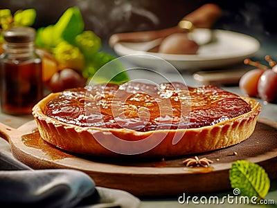 Fresh tarte tatin, upside down apple tart on wooden board tray or cut board, traditional french apple pie with caramelized apples Stock Photo