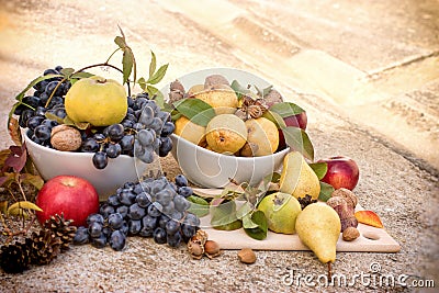 Eating healthy seasonal food, fresh tasteful autumn organic fruit Stock Photo