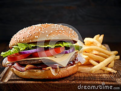 Fresh tasty burger and french fries Stock Photo