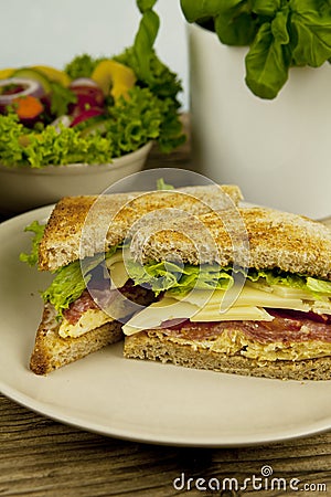 Fresh tasty club sandwich with cheese and ham on table Stock Photo